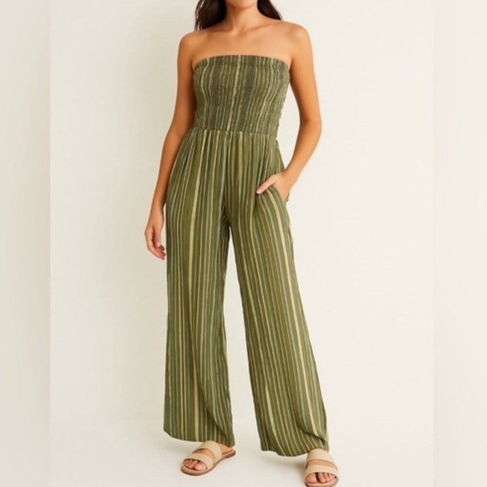 aerie Olive & Teal Striped Strapless Wide-Leg Jumpsuit